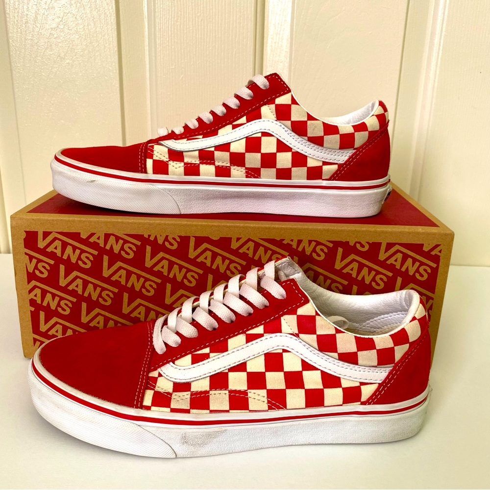 Vans Old Skool Checkerboard Suede Skate Sneakers Red Men’s 8.5 women’s 10